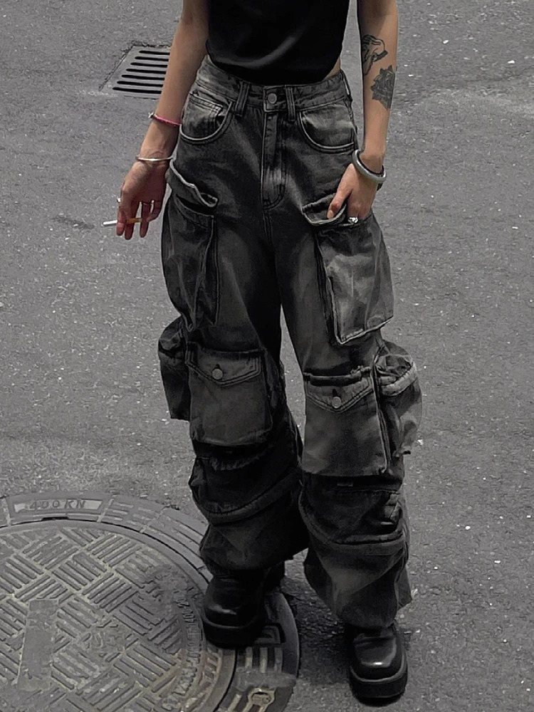 Women Baggy Y2K Goth Cyber Punk Denim Pants Cargo Mom Jeans Grunge Dark Academia Harajuku Fashion Stacked Hippop 240626