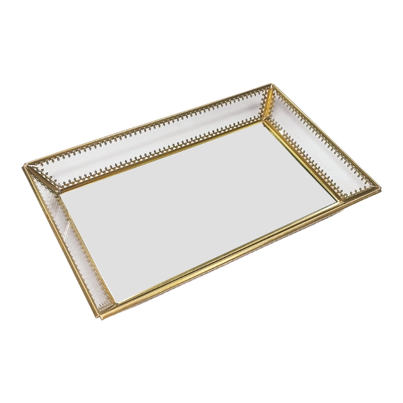 Rectangle Gold Mirror Jewelry Organizer Tray Glass Metal Makeup for Bathroom P9YF