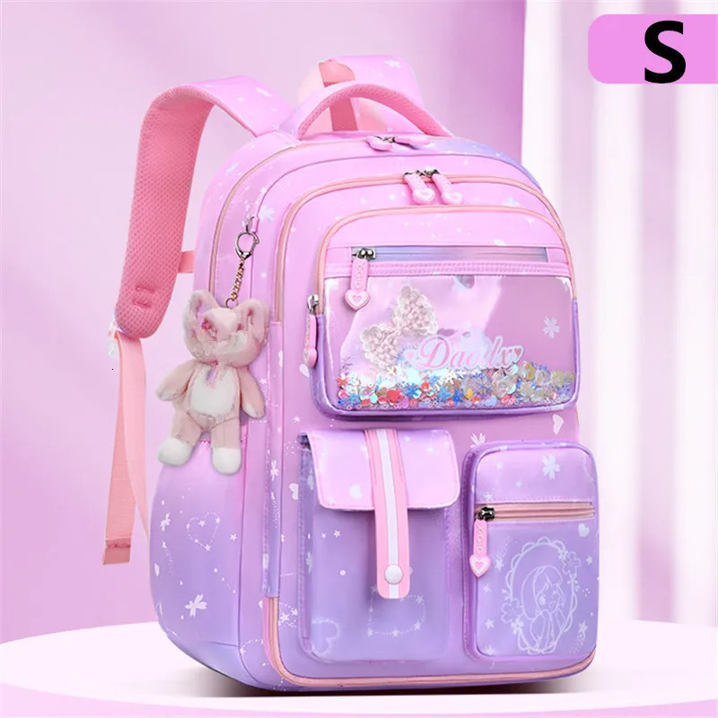 Primary Bow Knot Schoolbag With Rabbit Pendant For Girls Orthopaedics Kids Backpack Kawaii Waterproof School bag Nylon Backpacks 240621