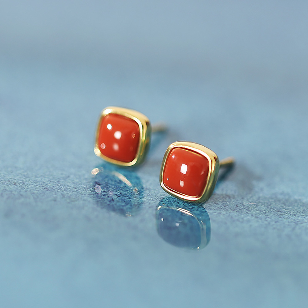 Turquoise Earrings For Women Natural Hotan Jade Red Agate Square Ear Studs Simple Chinese Style Jewelry Wholesale Free Shipping