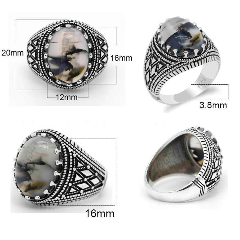 Vintage Mens Ring 925 Sterling Silver With Oval Natural Agate Stone Plaid Stripes Design Turkish Rings Jewelry to Husband Gift