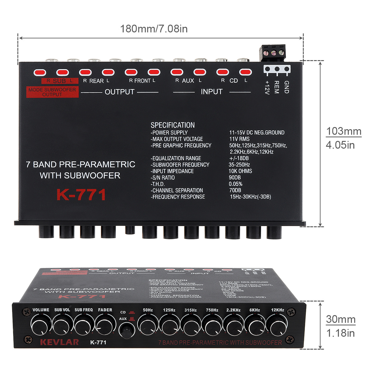 Car EQ Equalizer 7 Bands Pre-Parametric With Subwoofer Auto Audio EQ Tuning Crossover Amplifier External AUX Input K-771