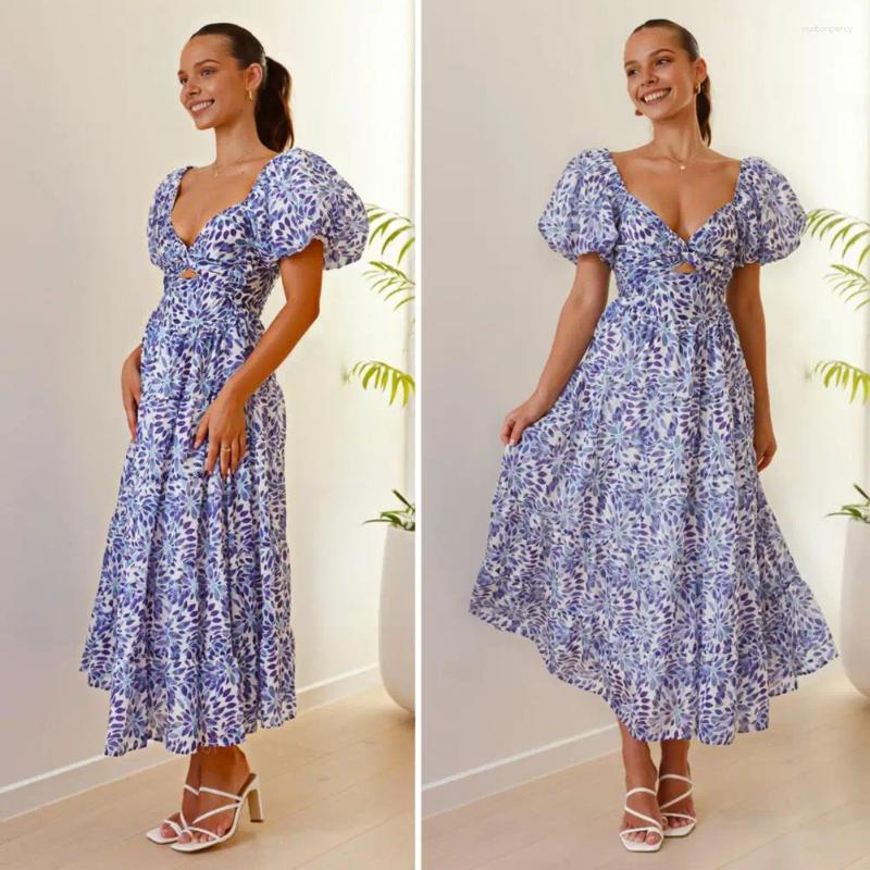 Casual Dresses V-neck Summer Dress Women All-over Print Colorful Bubble Sleeve Maxi With Off-shoulder Design Pleated Hem