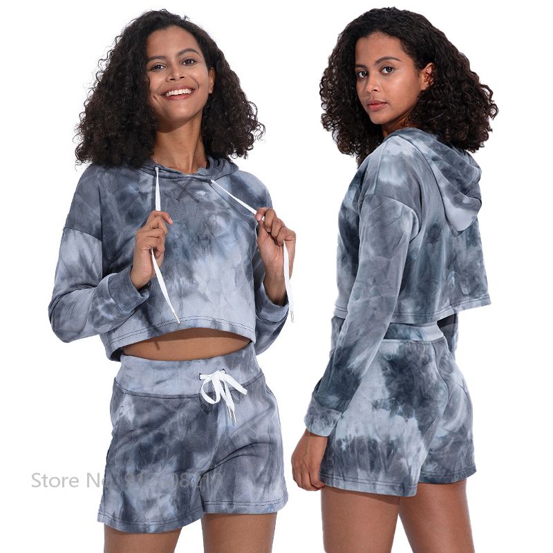 Women Loose Tracksuits Sports Tennis Clothing Set Hooded Crop Tops High Waist Shorts 2 Piece Set Long Sleeve Gym Active Wear