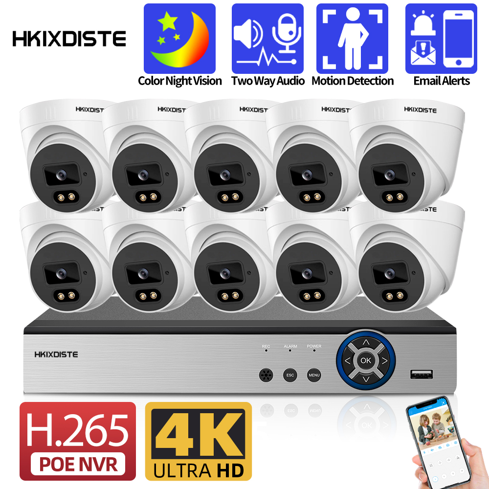 Ultra HD 8MP 4K POE Dome Security Camera System Two Way Audio CCTV Video Surveillance Set Indoor Home 8CH POE NVR Kit 10CH XMEYE