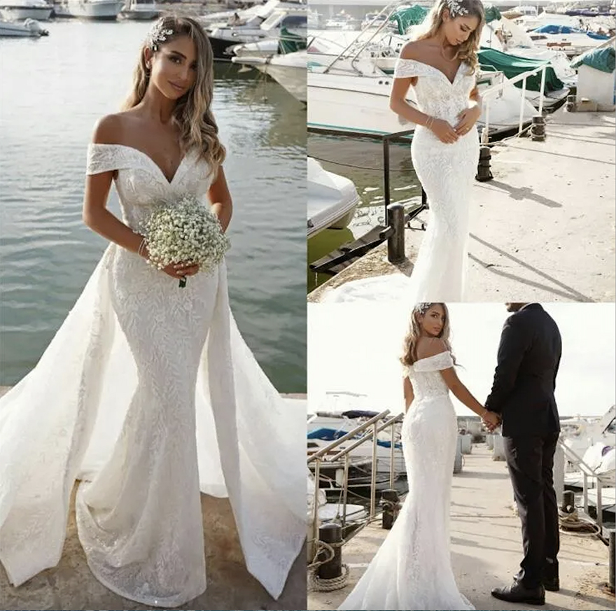 Spring Mermaid Wedding Dress With Detachable Train Off Shoulder Lace Appliques Bridal Gowns robes de mariee Bride Dresses