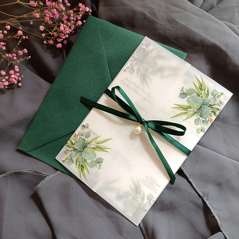 10X Eucalyptus Vellum Wedding Invitations With Green Envelope Transparent Cards For Bridal Shower Birthday Party