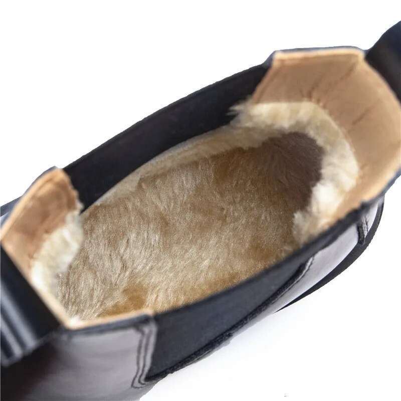 Fashion Chunky Women Medium New Autumn Winter Casual Thick Soled Slip-On Short Boots Plush Black Leather Woman Shoes
