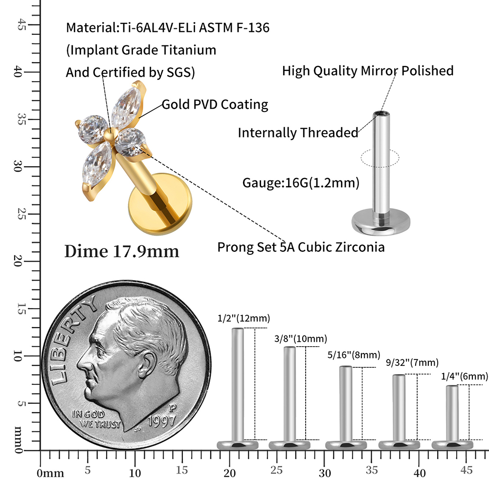 Right Grand ASTM F136 Titanium CZ Four-Point Star Flat Back Stud Earring Helix Cartilage Monroe Medusa Tragus Piercing
