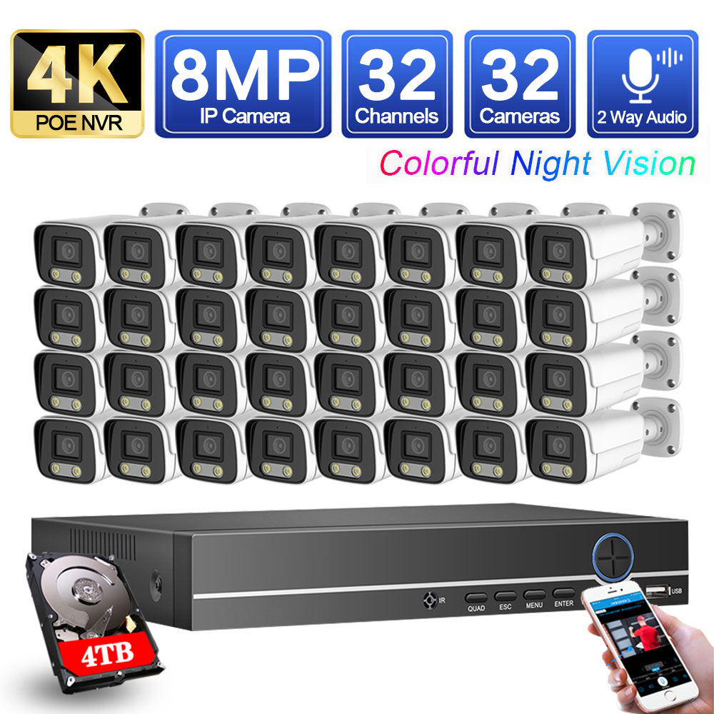 HKIXDISTE 8MP Two Way Audio Camera indoor outdoor Color Night Camera CCTV Video Surveillance Security System 32CH 4K POE NVR Kit