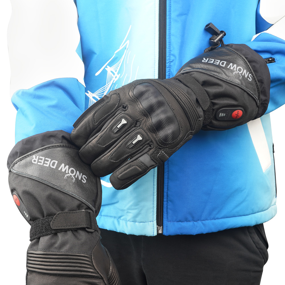 SNOW DEER Waterproof Heated Motorcycle Gloves for Men Motorcycle Glove Leather Genuine with Rechargeable Battery Biker Glove