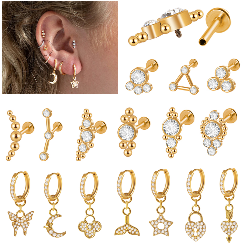 1PC Surgical Steel 16G Gold Plated Cz Labret Lip Nose Ring Dangling Earrings Ear Cartilage Tragus Helix Body Piercing Jewelry