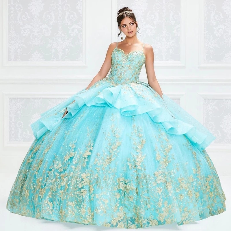 Princess Quinceanera Dresses 2025 Gold Appliques Sweetheart Spaghetti Strap Ball Gown Sweet 16 Lace-Up Vestidos 15 Anos