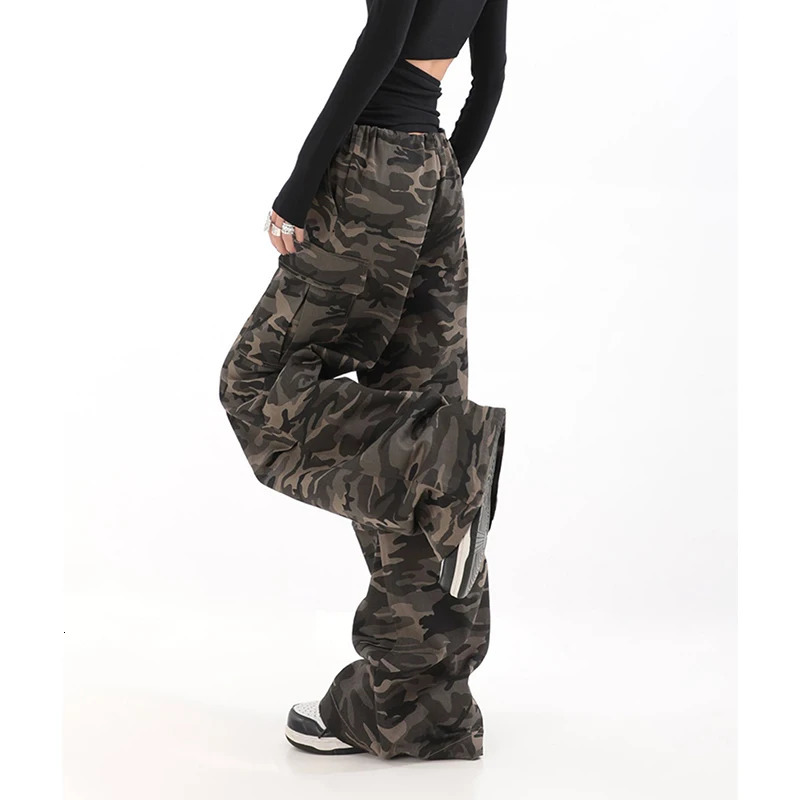 American Retro High Street Casual Overalls Camouflage Loose Wide Leg Pants For Women Y2k Hiphop Cargo Grunge Baggy Trousers 240626