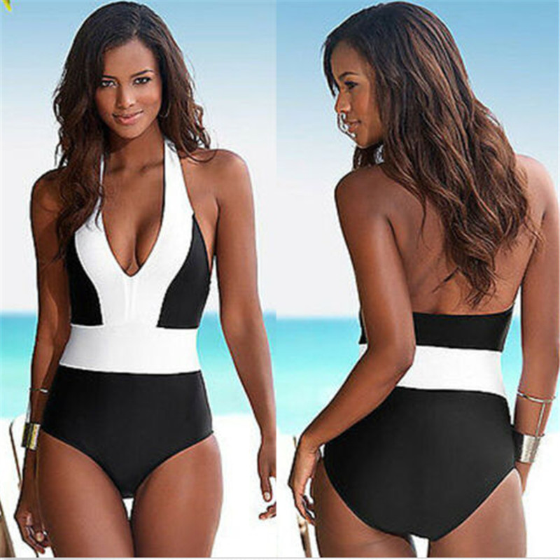 New One Piece Swimwear Women Sexy Halter Beach Wear Brazilian Swimsuit Black White Patchwork Push Up Bathing Suit Women Monokini