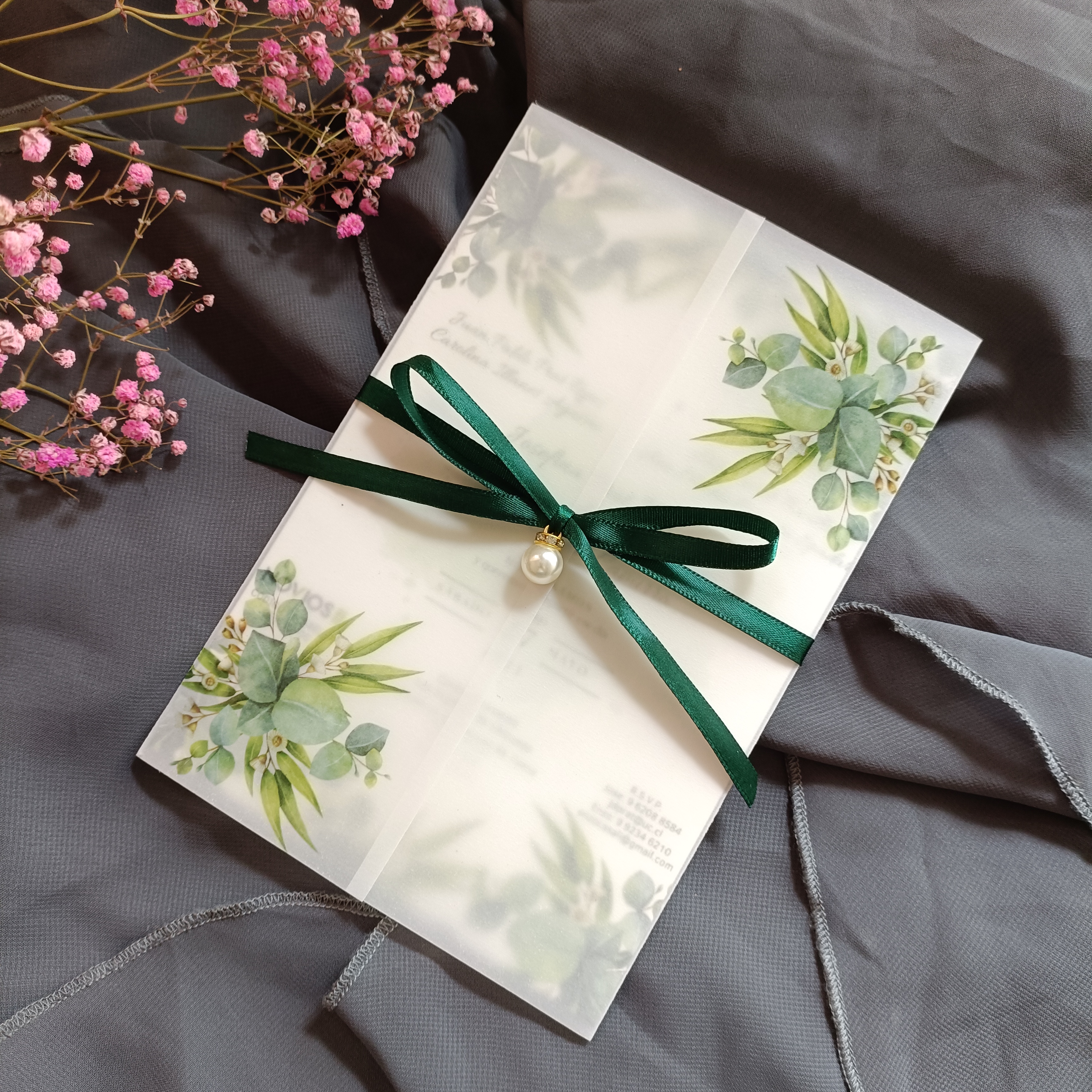 10X Eucalyptus Vellum Wedding Invitations With Green Envelope Transparent Cards For Bridal Shower Birthday Party