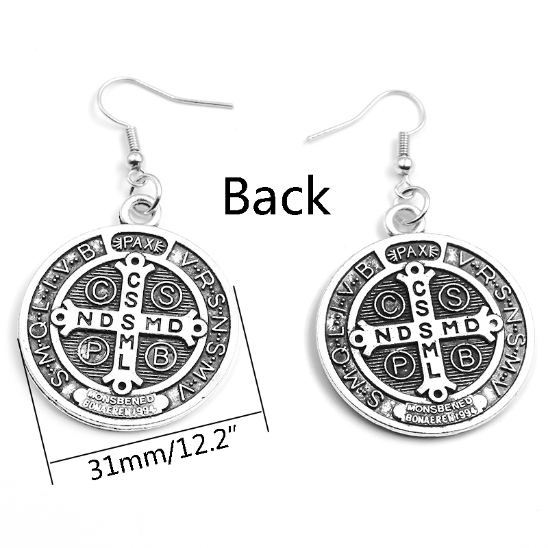 VILLWICE Vintage St. Benedict Medal Earrings Women Zinc Alloy Cross Pray Dangle Earrings Catholic Jewelry Gift