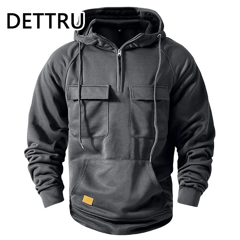 Mens Hoodies Sweatshirts Multi Pockets Male Hooded Jackets Outdoor Half Zipper 240620