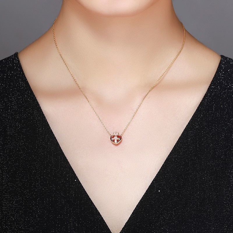 925 Sterling Silver Gold Color Hot Pink Stone Heart Charm Choker Pendant Necklace For Women Girl Heart Of The Universe Jewelry