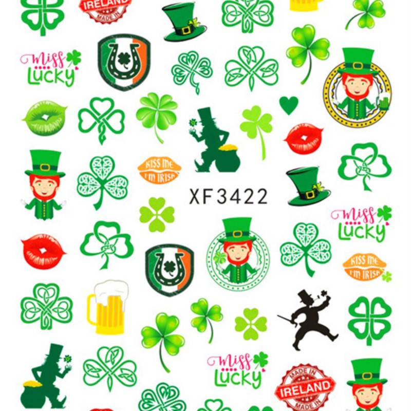 10 Sheets Green Irish Trefoil 3 Leaf Lucky Flowers St. Patrick's Day Adhesive Nail Art Stickers Decals Manicure Charms Suppliers