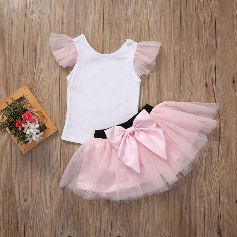 Family Matching Sets Mother Daughter Lovely Sweet Summer 2PCS White Solid T-Shirts Tops Pink Bow Lace Tutu Skirts