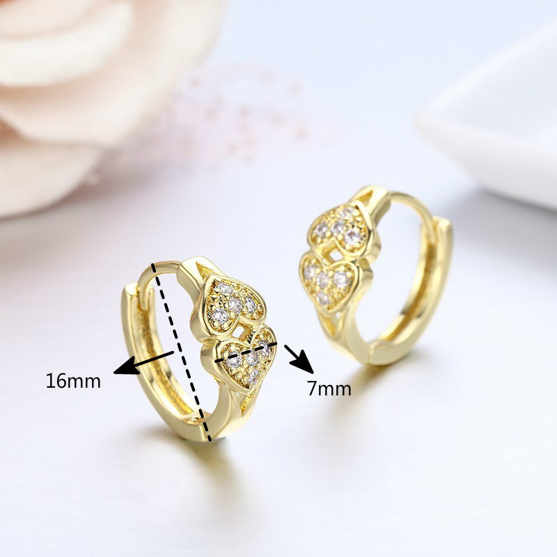 Double Heart Full CZ Circle Loop Huggie Hoops Earrings For Women Child Girls Kids Brass Gold Color Jewelry Oorbellen Aretes Aros