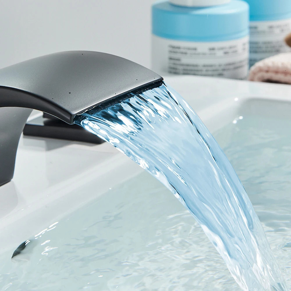 LED Bathroom Faucets Waterfall Vanity Faucet 3 Holes Widespread Two Handle Lavatory Sink with Colors Changing Light 240625