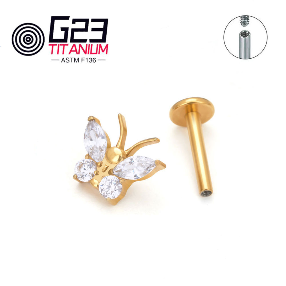 Newest Butterfly G23 ASTM F136 Titanium CZ Insect Stud Earring Labret Monroe Cartilage Helix Tragus Conch Flat body Piercing