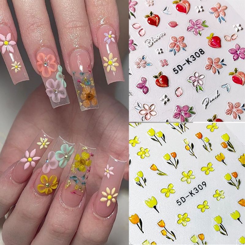 5D Daisy Embossed Nail Stickers Love Heart Flower Lace Elegant Manicure Engraved Transfer Slider Summer Nail Accessories Decals