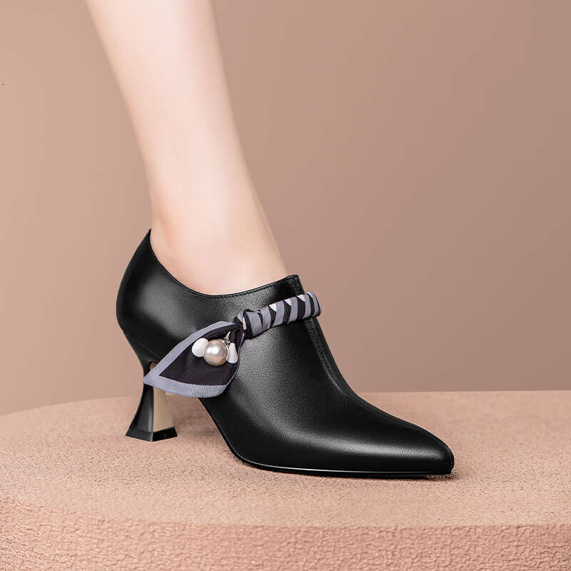 Women Genuine Leather Silk Ribbon Pointed Toe Spring Elegant Sexy High Heels Office Ladies Shoes