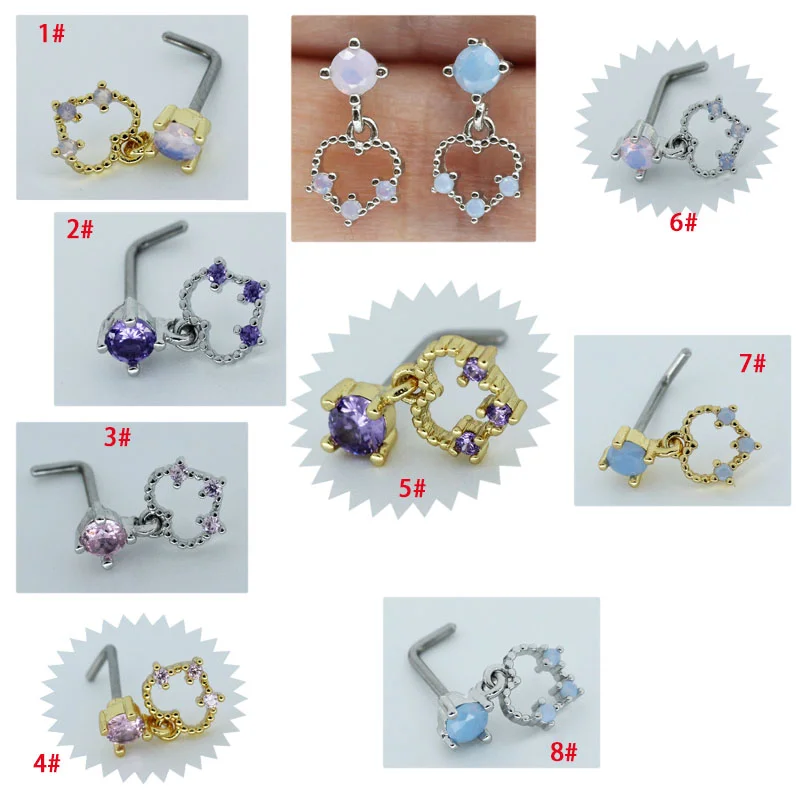 Colorful Cubic Zirconia Heart Dangle Nose Rings for Women Surgical Steel Nose Piercing Jewelry L Bend Nose studs Body Jewelry