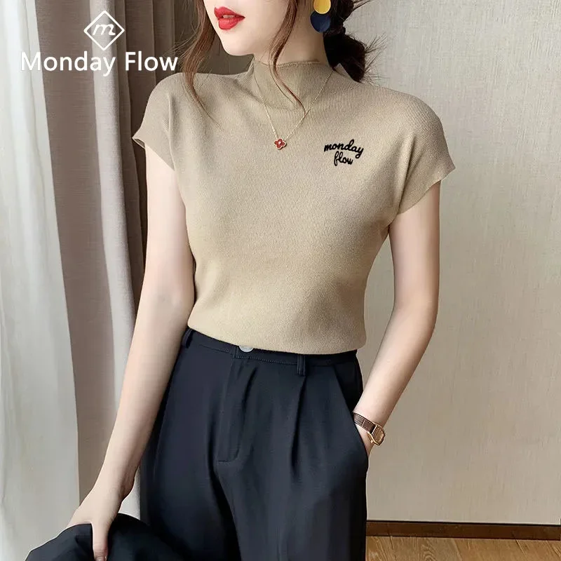 Mondayflow Women Elastic Tennis Sweaters Ladies Slim Knitted Bottoming Shirts Women Stand Collar Shorts Sleeve Tops Golf T-Shirt