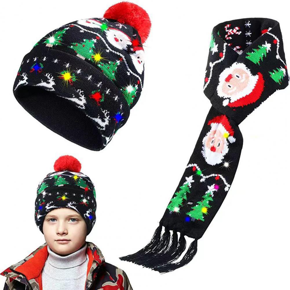 1 Set Hat Scarf Set LED Christmas Cap Snowflake Santa Elk Christmas Tree Print Bright Color Matching Unisex New Year Festive Tas