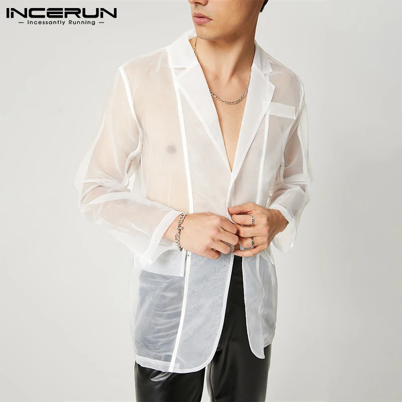 Fashion Men Mesh Blazers Transparent Lapel Long Sleeve Sexy Casual Coats One Button Streetwear Party Men Suit S-5XL INCERUN 240626