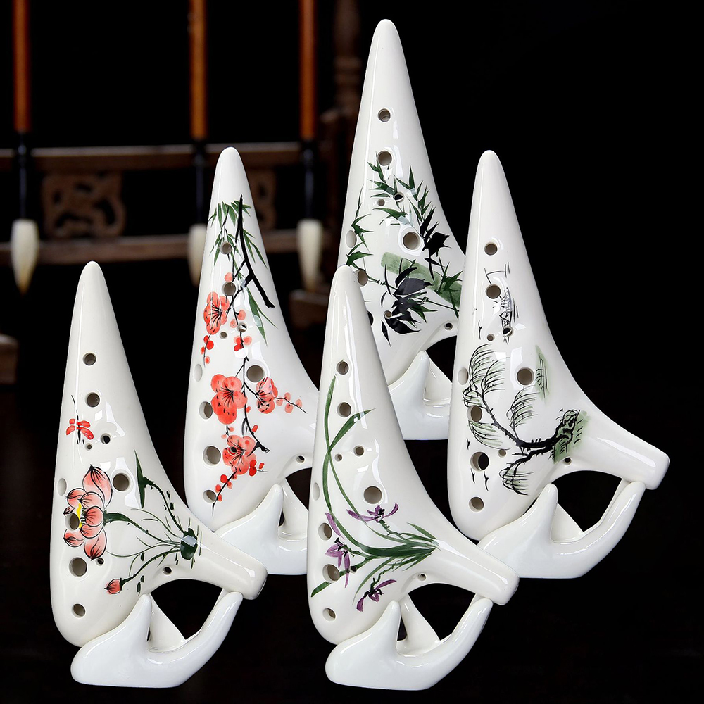 Ceramic Ocarina Alto C For Beginners Musical Instrument With Protective Bag Lanyard Gift Easy To Learn White Flower Element 12 H