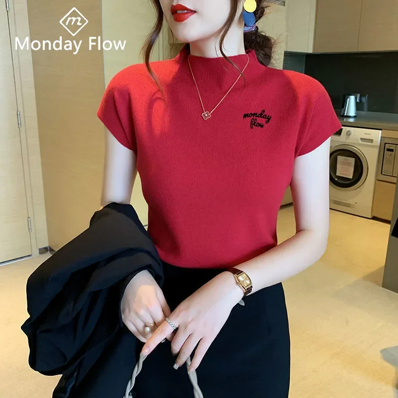 Mondayflow Women Elastic Tennis Sweaters Ladies Slim Knitted Bottoming Shirts Women Stand Collar Shorts Sleeve Tops Golf T-Shirt