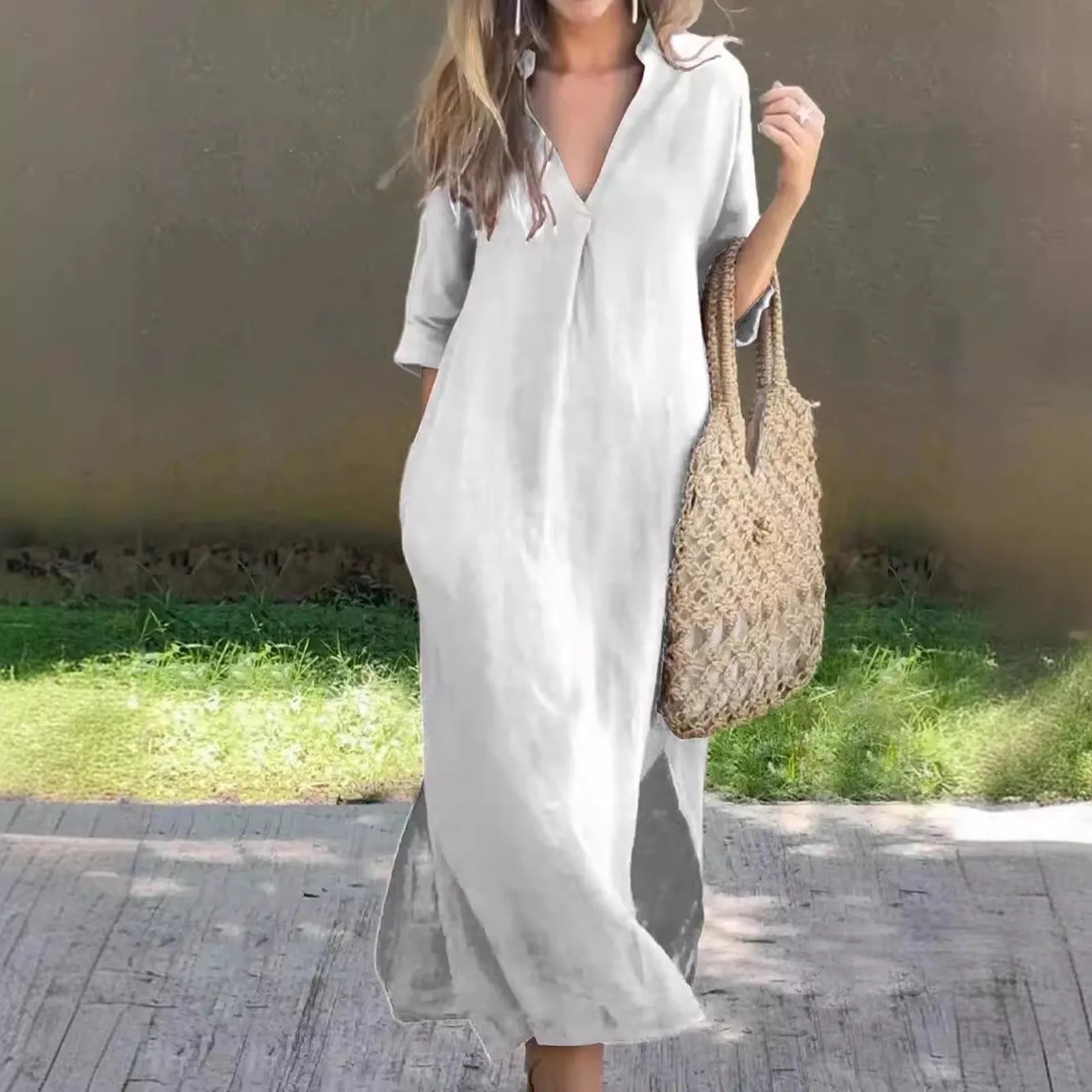 Womens Cotton And Linen Sundress 2024 Summer Fashion V Neck Long Maxi Dress Solid Color Short Sleeved Loose Casual Beach 240627