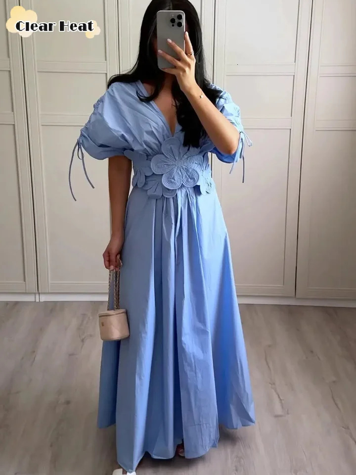 Women Elegant 3d Flower Solid Pleated Long Dress Chic V Neck Short Sleeved Drawstring Lace Up Robes Summer Ladies Party Dresses 240627