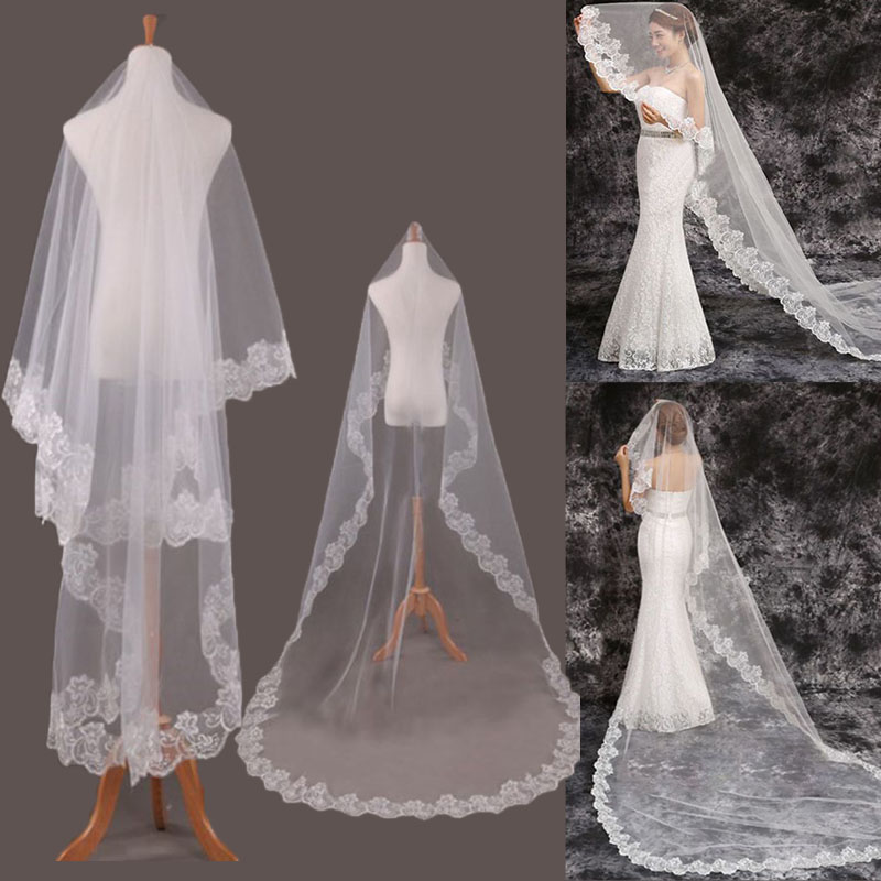 1.5/2/3/5M One Layer Bridal Veil White Long Cathedral Wedding Veil Embroidered Floral Applique Edge Bridal Tull Without Comb