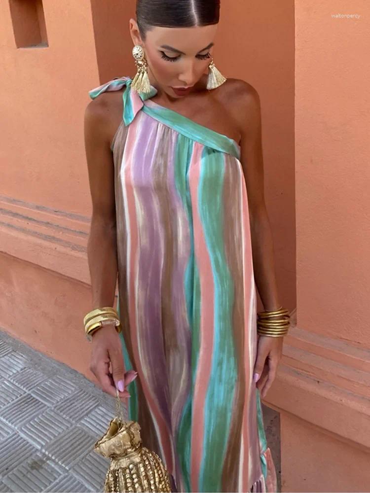 Casual Dresses Chic Gradient Printed Diagonal Collar Bow Lace Up Maxi Dress Women Sexy Backless Off Shoulder Sleeveless Robe Summer Lady