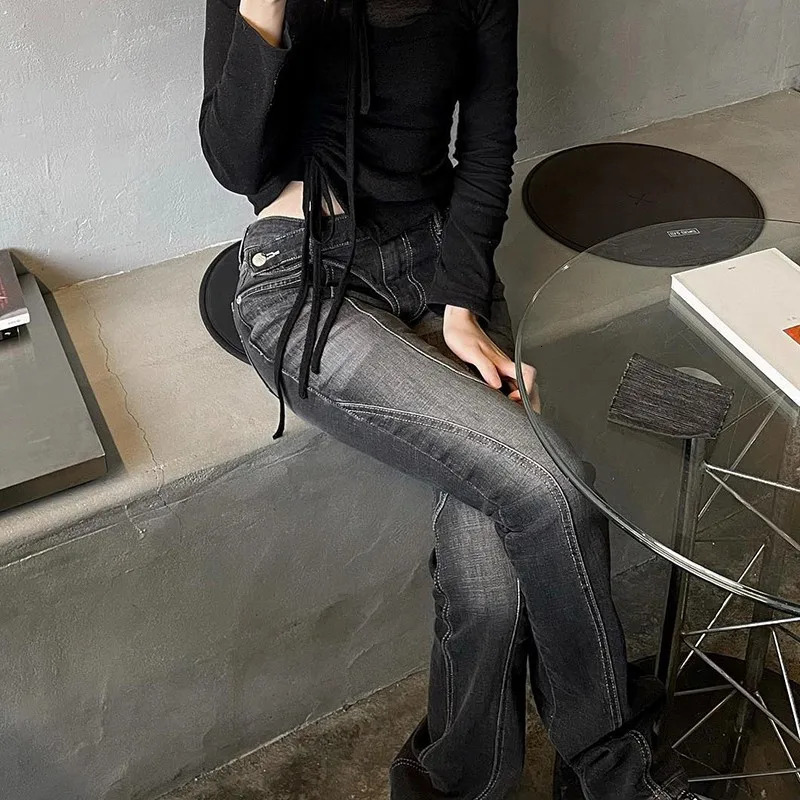 Karrram Vintage Distressed Low Waist Jeans Grunge Asymmetrical Denim Pant Korean Fashion Black Flare Kpop Streetwear 240626