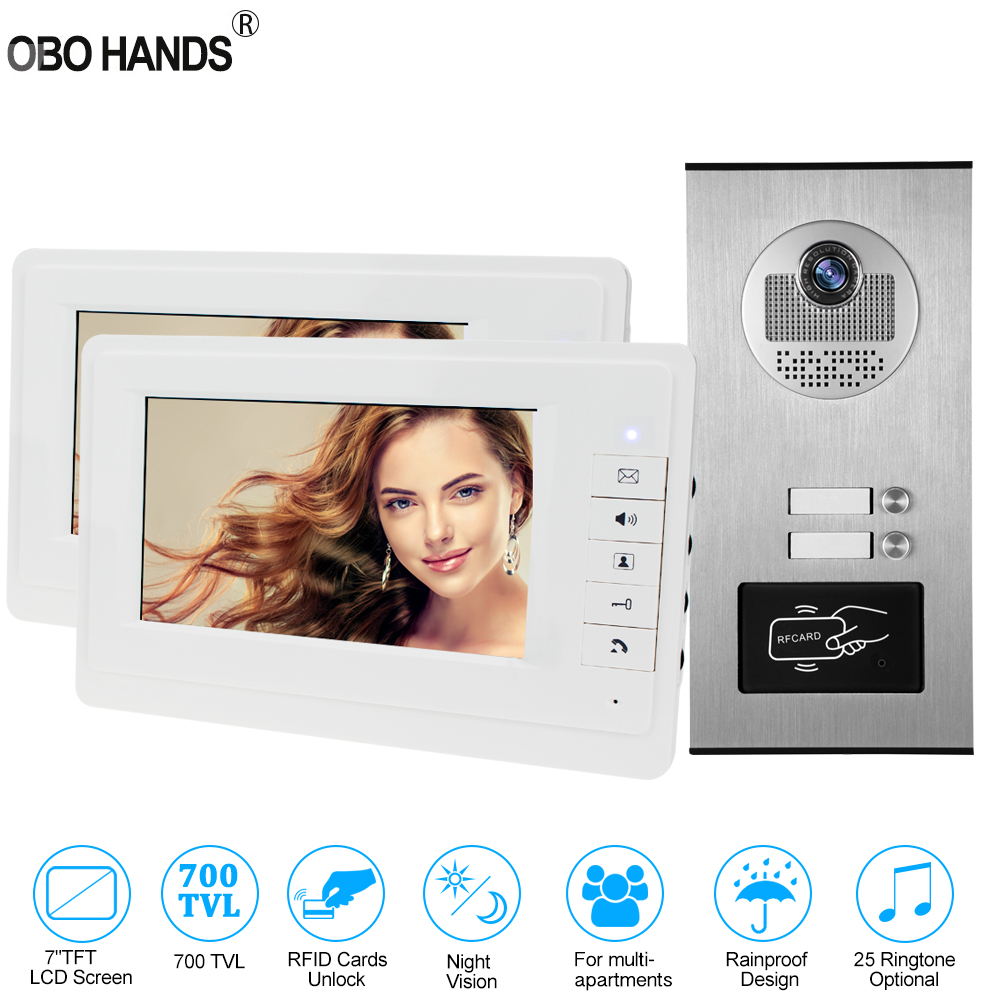 Wired Home 7 inch TFT Color Video Intercom Door Phone System RFID Camera Metal 700TVL with 2/3/4 Monitor for Multi Apartments