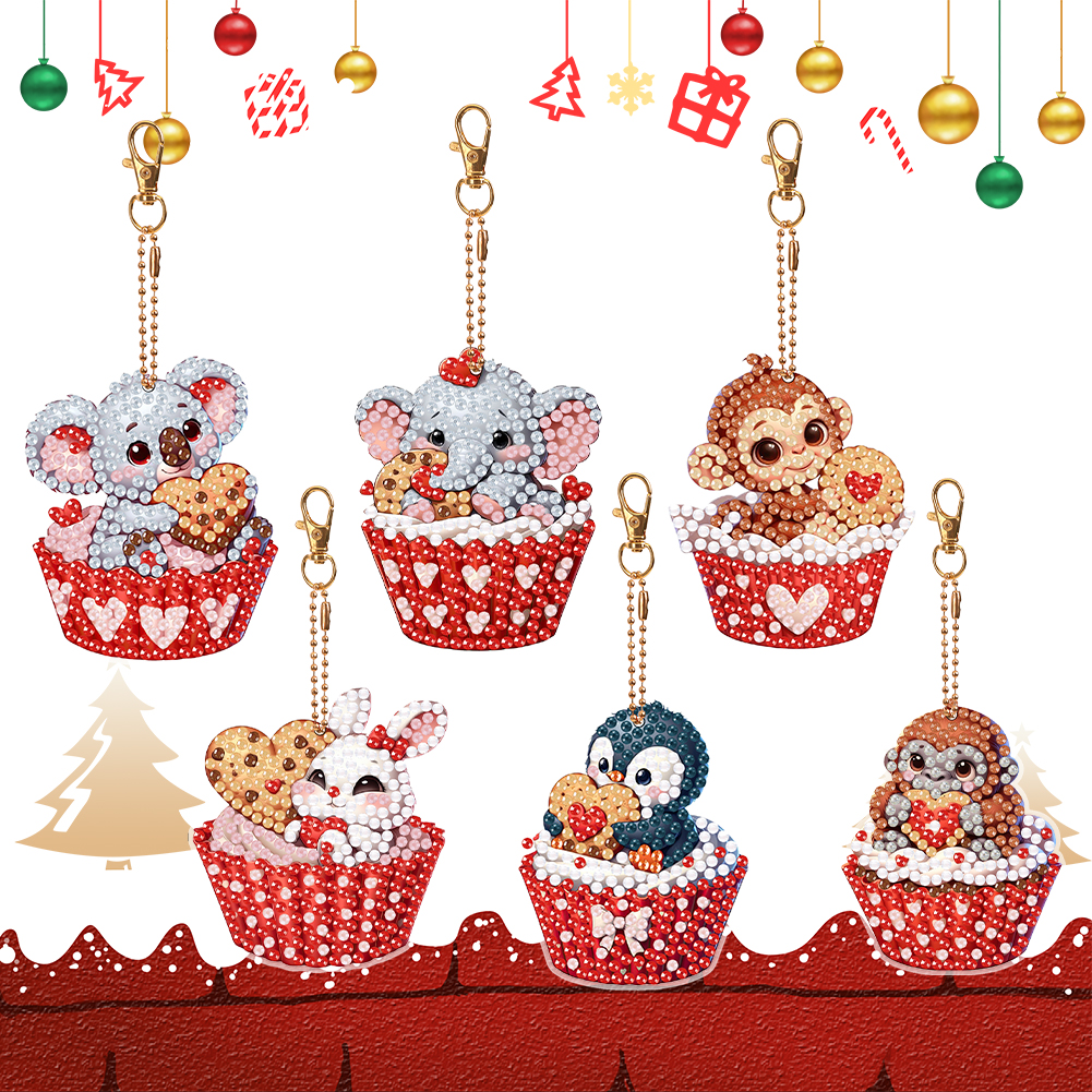 6 Pcs Double Sided Diamond Art Keyring Koala Rhinestone Painting Keychain Pendant Penguin for Birthday Crafting Home Party Decor