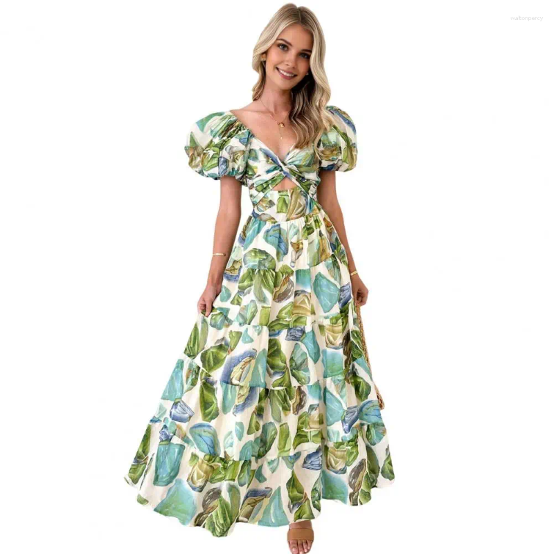 Casual Dresses V-neck Summer Dress Women All-over Print Colorful Bubble Sleeve Maxi With Off-shoulder Design Pleated Hem