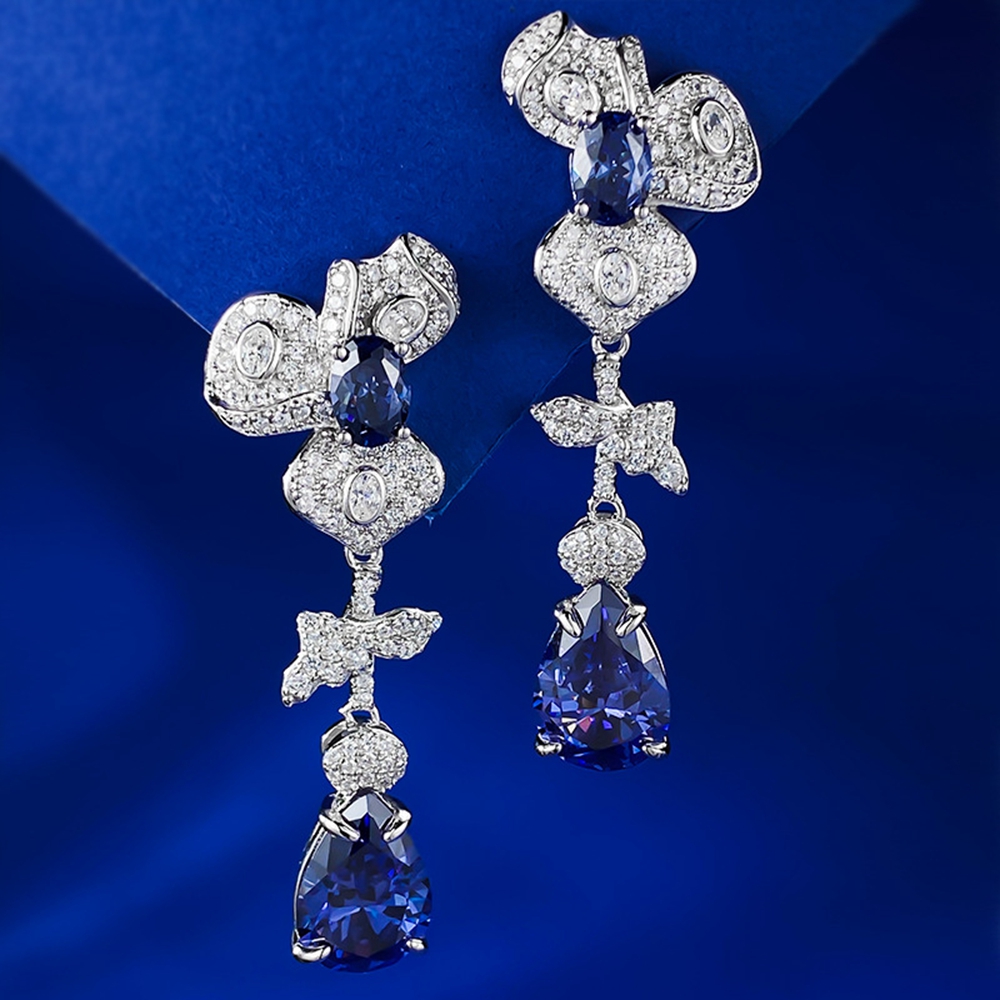 Wong Rain 100% 925 Sterling Silver Pear Cut Lab Sapphire Gemstone Flower Drop Dangle Earrings for Women Fine Jewelry Gifts