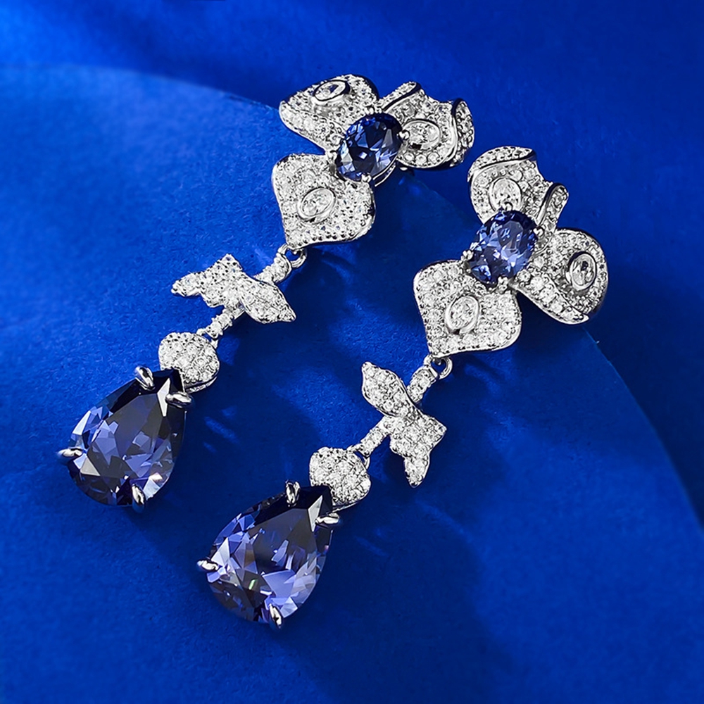 Wong Rain 100% 925 Sterling Silver Pear Cut Lab Sapphire Gemstone Flower Drop Dangle Earrings for Women Fine Jewelry Gifts