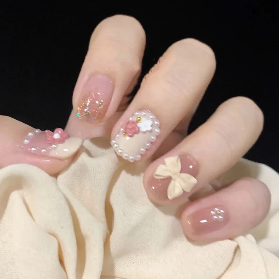 Cute Bow Cherry Blossom Fake Nails Cherry Blossom Rain Short Nail Patch Palace Pearl Handmade Light Therapy Nail Bridal Nail Art
