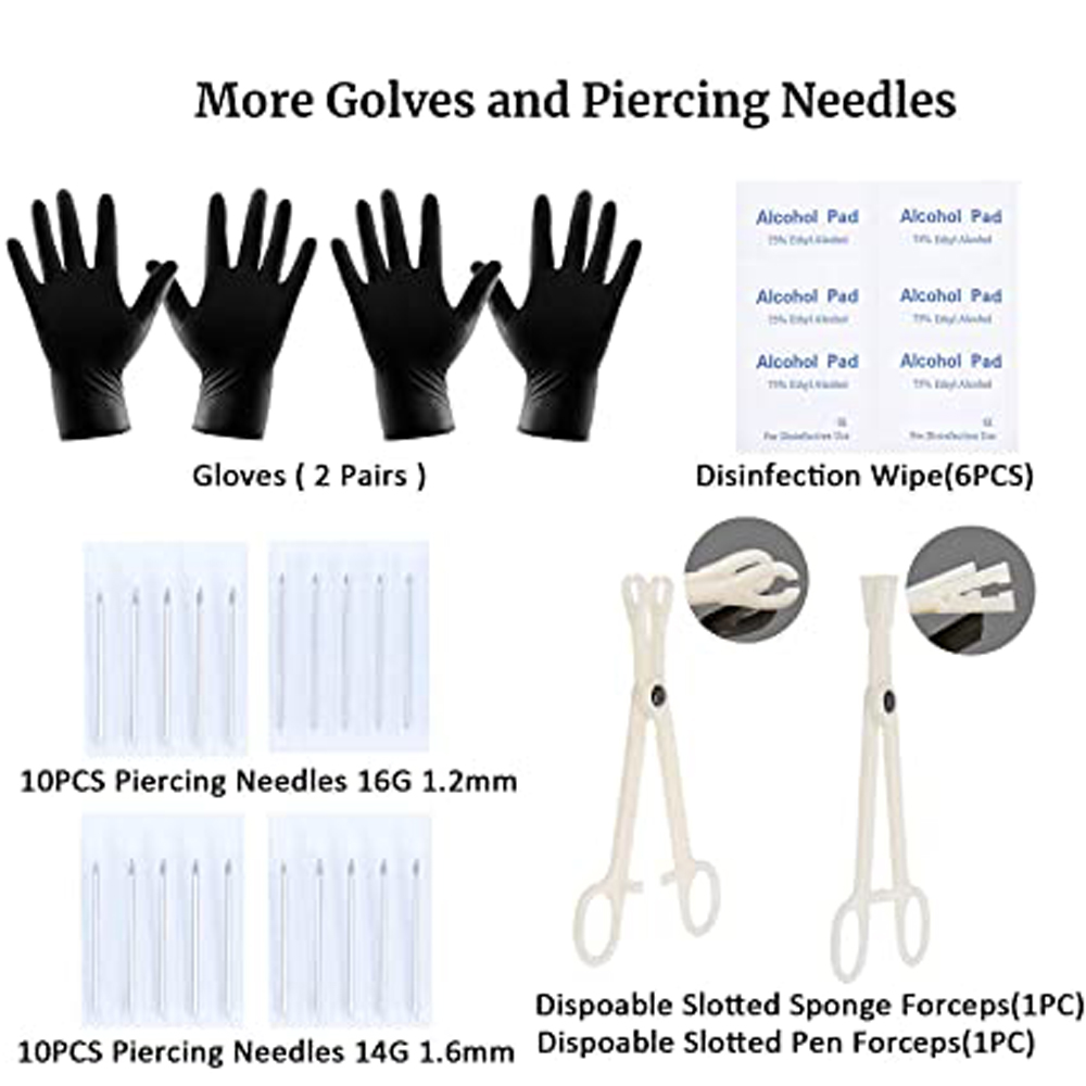 58PCS Body Piercing Kit 14G 16G Lip Nail Cartilage Daith Ear Belly Rings Nose Septum Piercing Jewelry Needles Gloves Clamps Tool