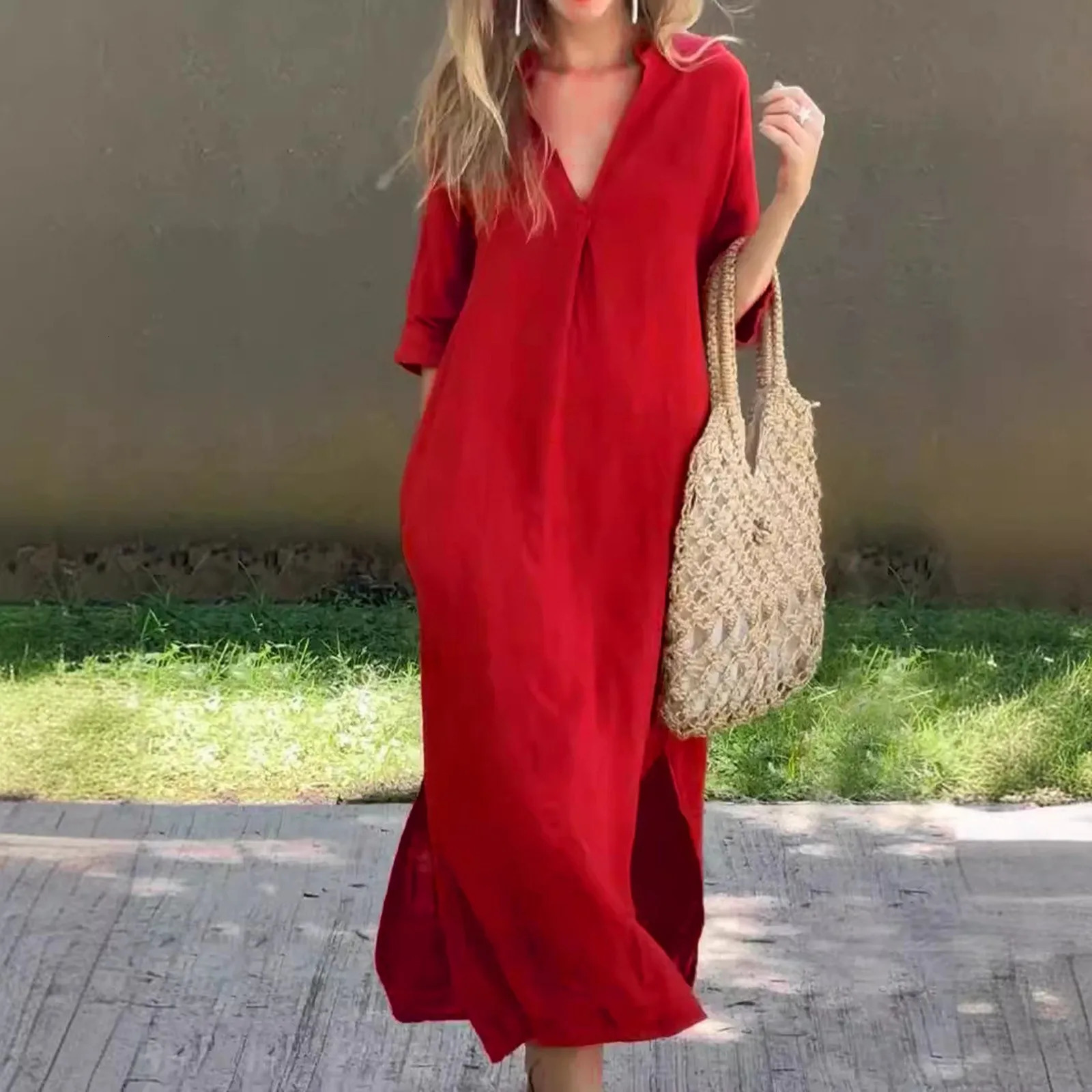 Womens Cotton And Linen Sundress 2024 Summer Fashion V Neck Long Maxi Dress Solid Color Short Sleeved Loose Casual Beach 240627