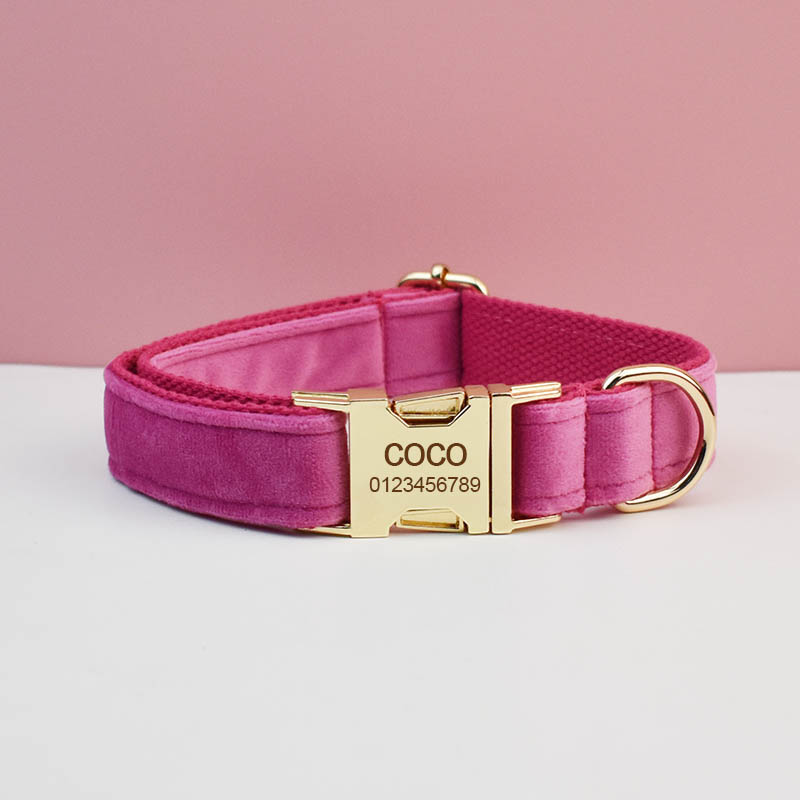 Rose Red Velvet Dog Collar And Leash Set For Dogs Custom Engraved Nameplate Pet Supplies Dog Leash Velvet23